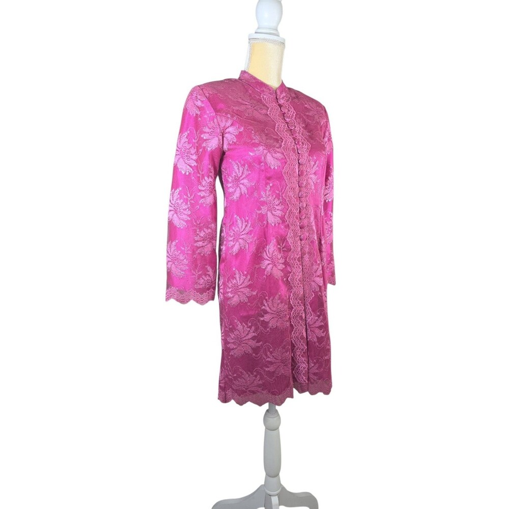 Vintage Barbiecore Hot Pink Floral Lace Duster Coat Dress Mandarin Collar